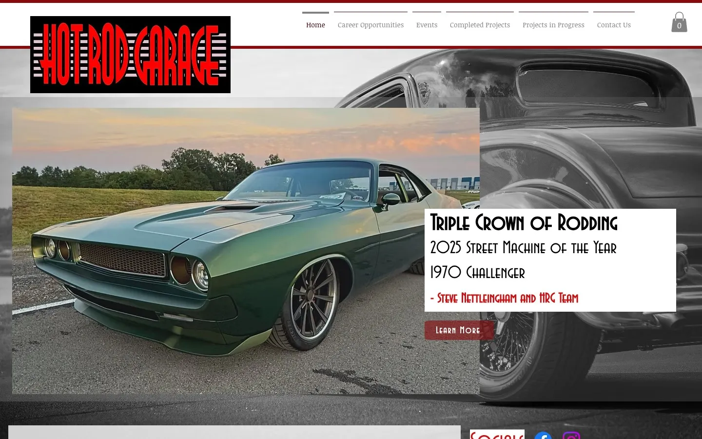 Hot Rod Garage home page with a featured Triple Crown of Rodding 1970 Challenger