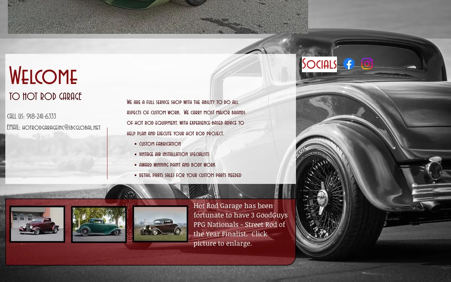 Welcome section listing shop services — custom fabrication, paint and body, and parts sales