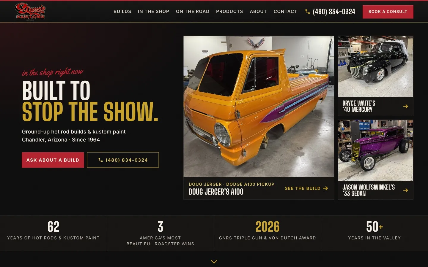 Squeeg's Kustoms home page — "Built to stop the show" with current builds in the shop